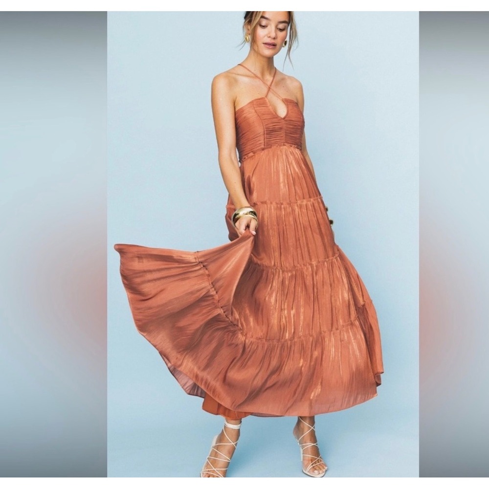Tiered Satin Midi Dress in Rust